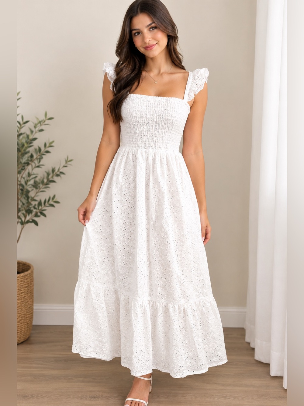 Nanette Lepore White Eyelet Smocked Midi Dress